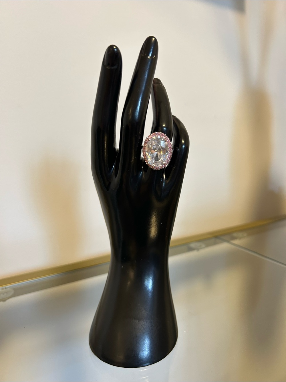 Silver-Tone Oval Clear and Pink Crystal Statement Ring - 7